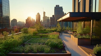Fototapeta premium A serene rooftop garden overlooking a bustling metropolis