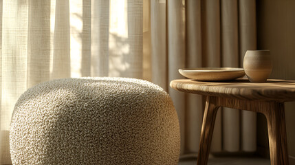 Serene Interior Scene with textured pouf, wooden table, light curtains, and soft light.