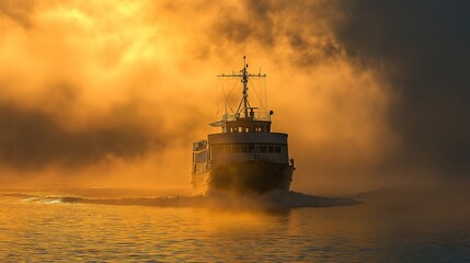 Obraz premium A ship sailing through golden mist at dawn, leaving a dreamy wake