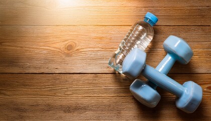 healthy lifestyle, sport concept; dumbbells and bottle of water