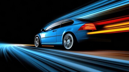 Blue Sports Car Speeding at Night Motion Blur