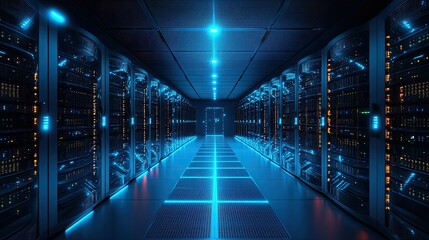 Advanced data center featuring server racks and glowing network connections, symbolizing cloud computing --