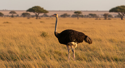 Fototapeta premium Majestic Ostrich in African Savanna at SunsetPromo: Capture the beauty of African wildlife. This image showcases a striking ostrich in its natural habitat during a golden sunset. 