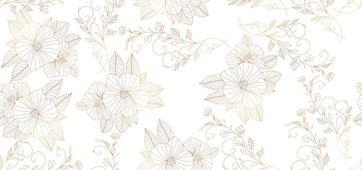 Vintage luxury seamless floral background with golden lilies flowers. Romantic pattern template for wall decor, wallpaper, wedding invitations, ceremonies, cards.	
