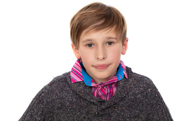 Portrait of a teenage boy between ten and twelve years old on a white background close-up. He is...