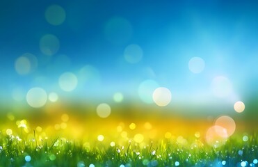 Obraz premium Serene Green Grass Field with Bokeh Lights Under a Gradient Blue Sky Abstract Art