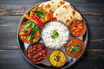A colorful Indian thali platter featuring basmati rice, naan, and a variety of vegetarian curries and chutneys served in steel bowls.