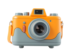 Retro orange camera with a grey base and strap