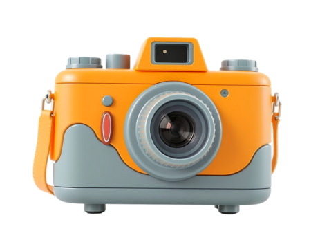 Retro orange camera with a grey base and strap