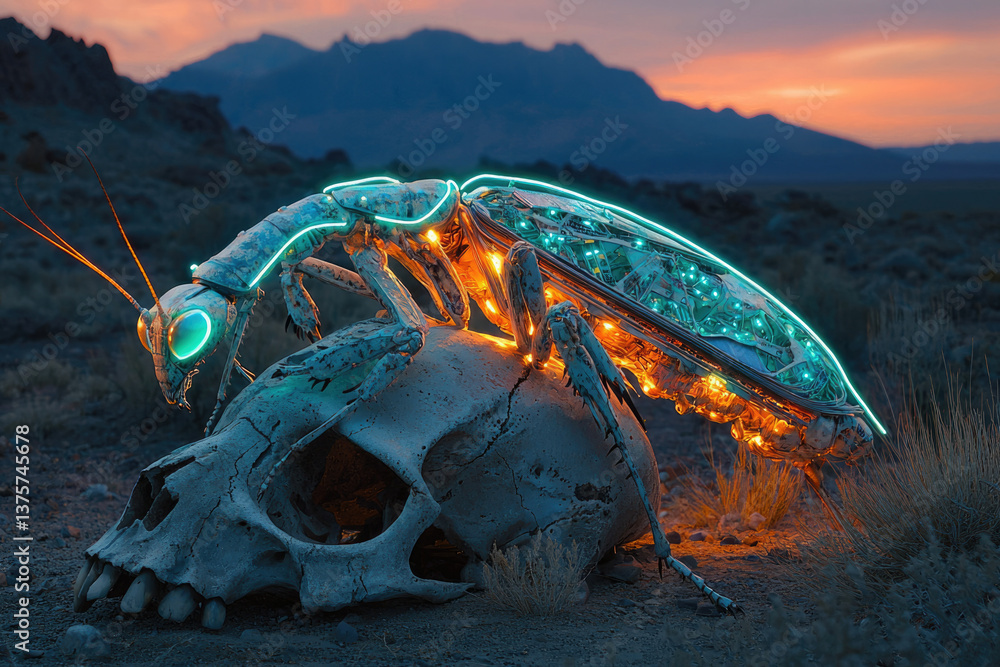 Poster a bioluminescent robotic insect rests on a skull in a desolate, sunset landscape.