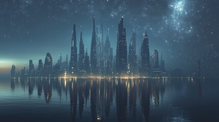 Fototapeta premium Futuristic city skyline reflected on calm water under a starry sky