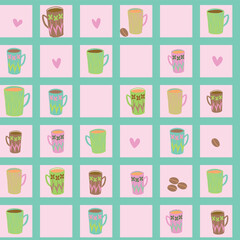 Hand drawn vintage coffee mug tea mugs vector seamless pattern Breakfast tea cup background illustration fine china hot drink wallpaper texture