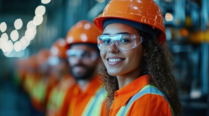 Confident Female Engineer Smiling in Safety Gear at Industrial Site