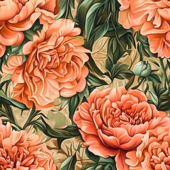 Seamless pattern of vintage-inspired floral design featuring coral peonies and lush greenery