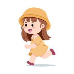 A little girl with a yellow hat runs joyfully, capturing the essence of children playing. Symbolizing the innocence and fun of childhood activities. Vector illustration on white background.