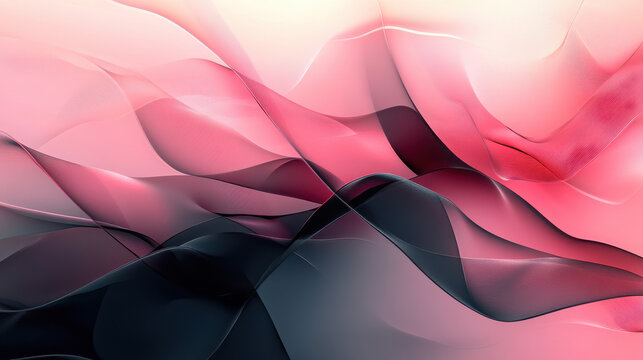 Layered translucent shapes with soft glows and abstract reflections, rich black tones merging with cherry and rose pinks, designed to evoke a sense of balance and softness