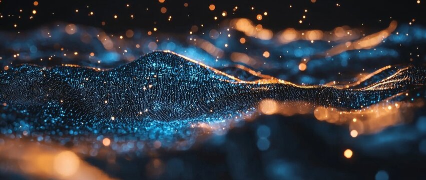 The picture depicts an abstract setting with luminous blue lines and a series of linked nodes, creating a visually striking representation of a dynamic and futuristic concept