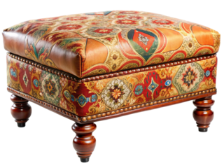 Ornate Square Ottoman with Intricate Multicolored Tapestry and Turned Wooden Legs