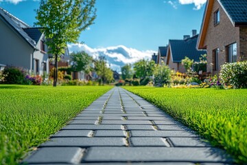 Fototapeta premium A tranquil suburban path winds through a vibrant neighborhood under a clear blue sky.