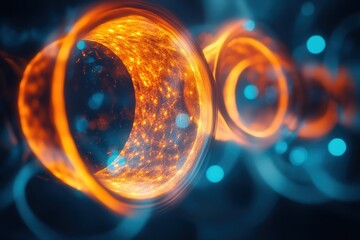 Abstract glowing orbs with vibrant orange and blue swirls create a futuristic digital landscape.