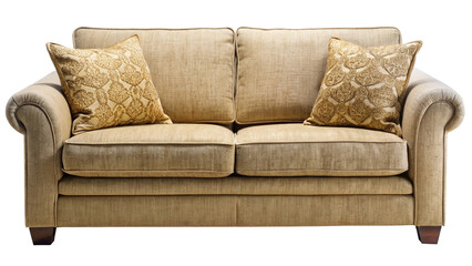 Elegant Beige Sofa with Rolled Arms and Ornate Throw Pillows Perfect for Living Room or Den