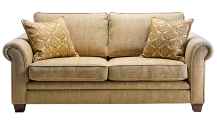 Elegant Beige Sofa with Rolled Arms and Ornate Throw Pillows Perfect for Living Room or Den