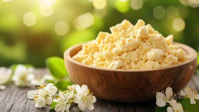 A small wooden bowl with white zinc oxide powder, designated for healthcare and medical supplement use