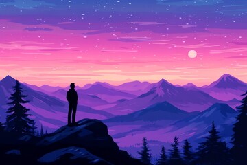 Obraz premium Standing on the peak of a mountain, a man observes the expansive view