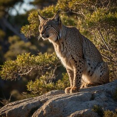 Fototapeta premium Iberian lynx standing on a sunlit rock in a Mediterranean woodland.