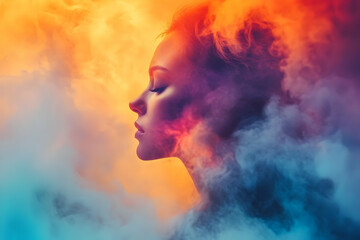 Abstract profile of a woman surrounded by vibrant clouds of colorful smoke, symbolizing creativity, imagination, and artistic expression.