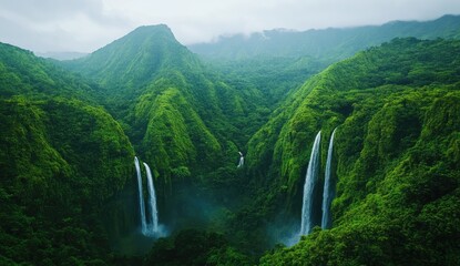 Fototapeta premium Lush, verdant valleys framed by misty mountains, featuring cascading waterfalls