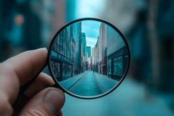 A magnifying glass held over a city street, focusing on urban details and creating a unique perspective of everyday life.