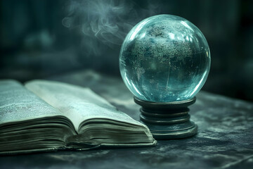 A mystical crystal ball emitting a soft glow, placed beside an open book in a dark, mysterious room, evoking magic and intrigue.