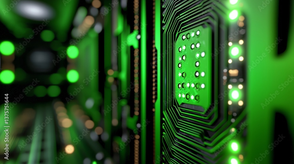 Poster a high-tech computer motherboard equipped with a neon-green liquid cooling system for enhanced elect