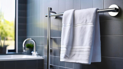 White towel hanging on a modern chrome towel rack