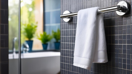 White towel hanging on a modern chrome towel rack