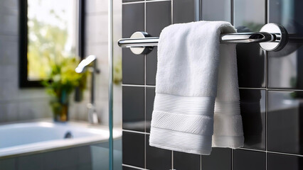 White towel hanging on a modern chrome towel rack