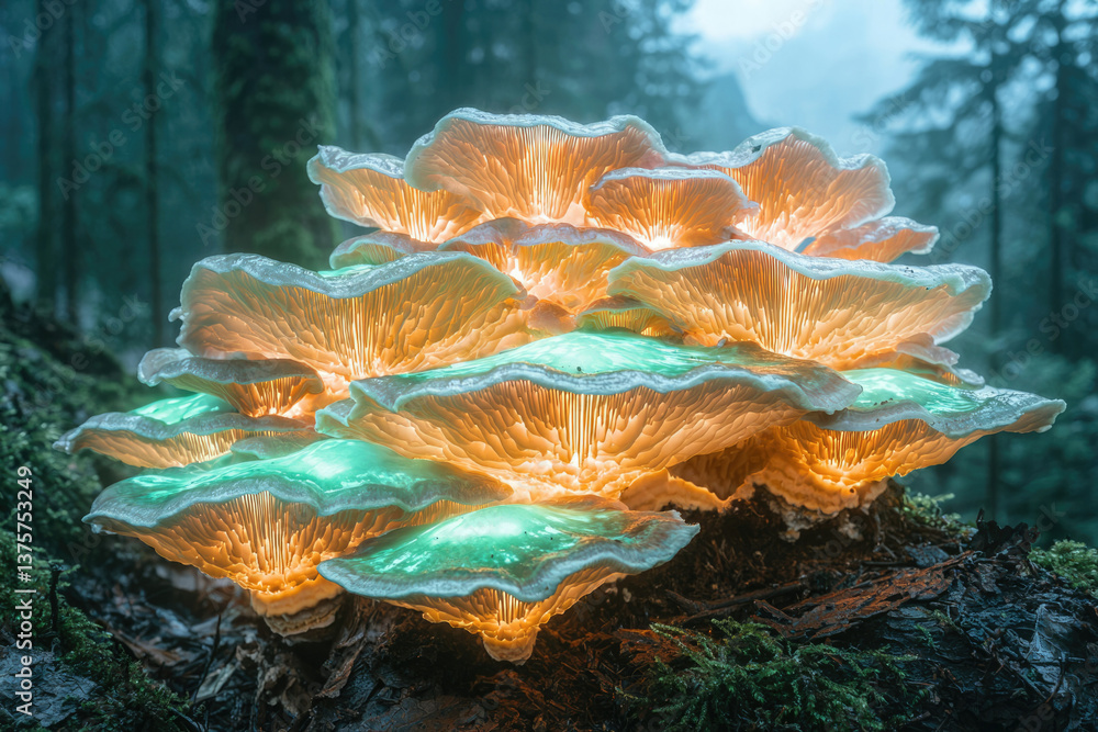 Poster glowing bioluminescent mushrooms cluster in a dark forest, ethereal and magical.