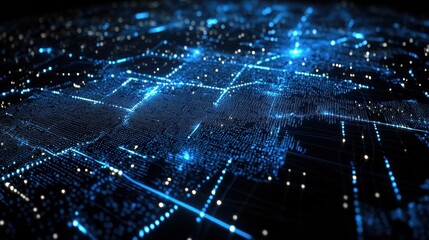 Obraz premium Abstract Futuristic City Network Glowing Blue Data Grid on Dark Background