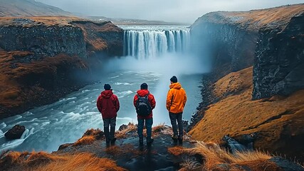 Three hikers admire a stunning waterfall view