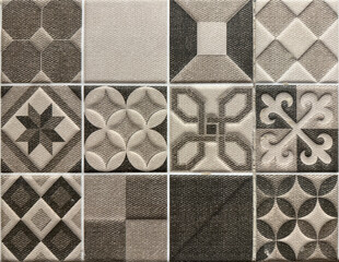 Colonial heritage tiles in random classic geometric floral, star, and ornamental patterns. Handmade...