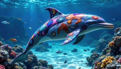 Fototapeta premium Underwater Dolphin Visualize a dolphin whose body reflects the colors and patterns of coral reefs, showcasing aquatic life.