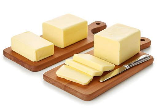 Butter Blocks and Slices on Wooden Cutting Boards on white background