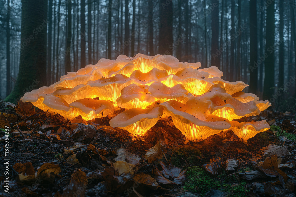 Poster glowing cluster of mushrooms illuminates a dark forest floor, creating a magical, ethereal scene.