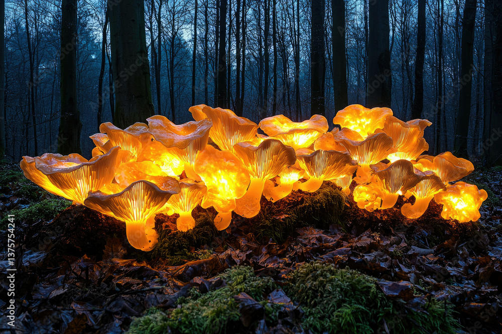 Poster glowing cluster of orange mushrooms illuminates a dark forest at night, creating a magical scene.