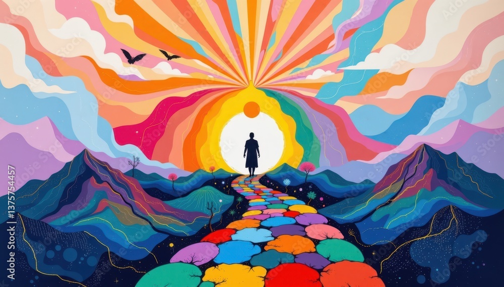 Poster journey of self create a pathway made of colorful shapes leading towards a harmonious figure, symbol