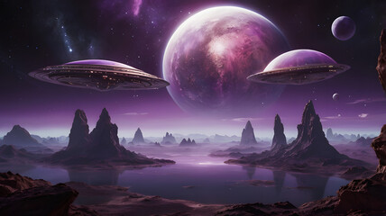 Futuristic space background with UFOs hovering above alien mountains.