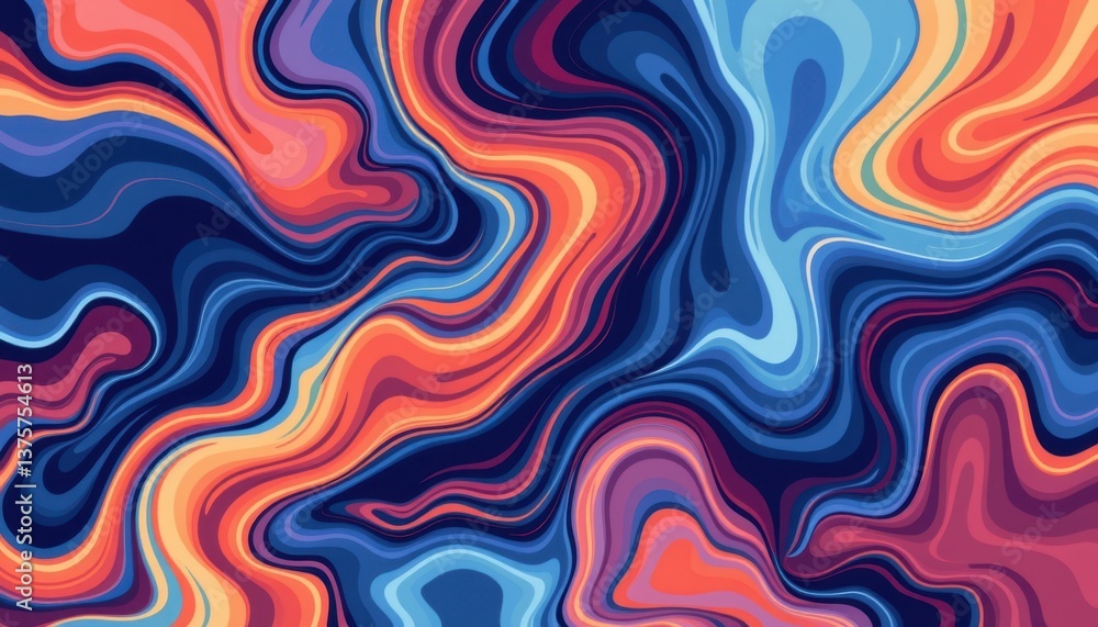 Poster fluid patterns visualize flowing, liquid like shapes that blend and interact, creating a harmonious 