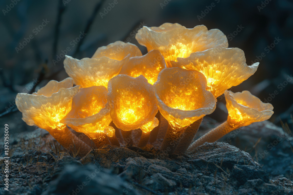 Poster glowing bioluminescent mushrooms illuminate a dark forest floor, creating a magical scene.
