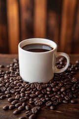 Fototapeta premium Steaming Cup of Black Coffee Amidst Freshly Roasted Coffee Beans on Rustic Wooden Table